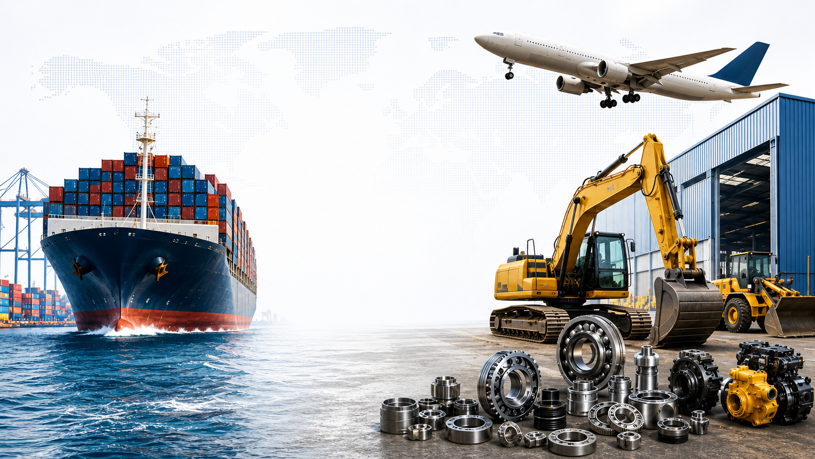 Barco de carga, avión, maquinaria pesada, galpón industrial y repuestos para importación